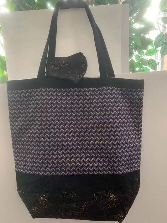 Handmade Reversible Tote with Matching Mask - Black & Blue with Gold Glitter /