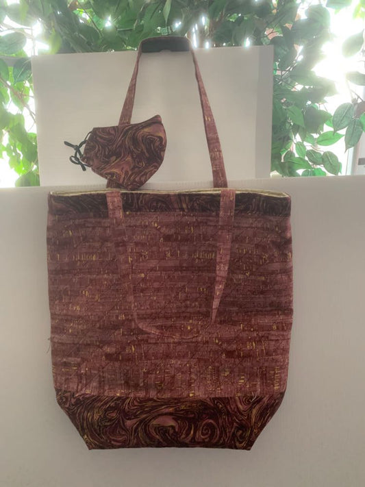 Handmade Reversible Tote with Mask - Brown with Mauve Swirls / Taupe