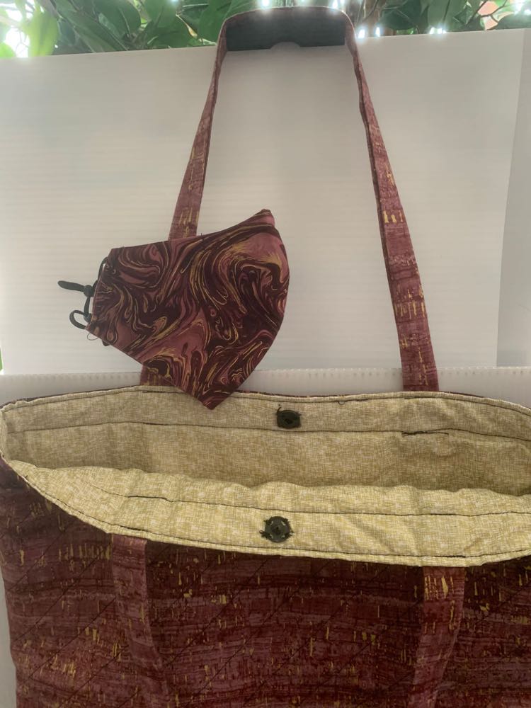 Handmade Reversible Tote with Mask - Brown with Mauve Swirls / Taupe