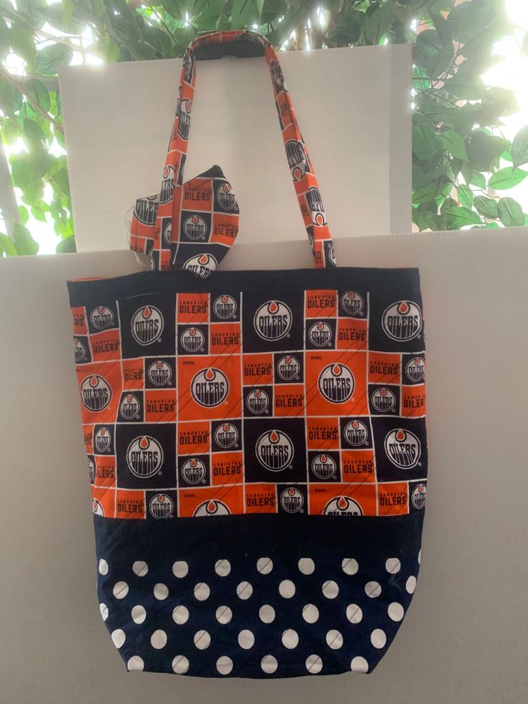 Handmade Revisable Tote with Matching Mask - Oilers
