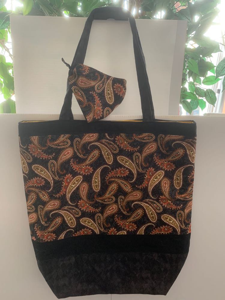 Handmade Reversible Tote with Mask - Black & Paisley / Yellow